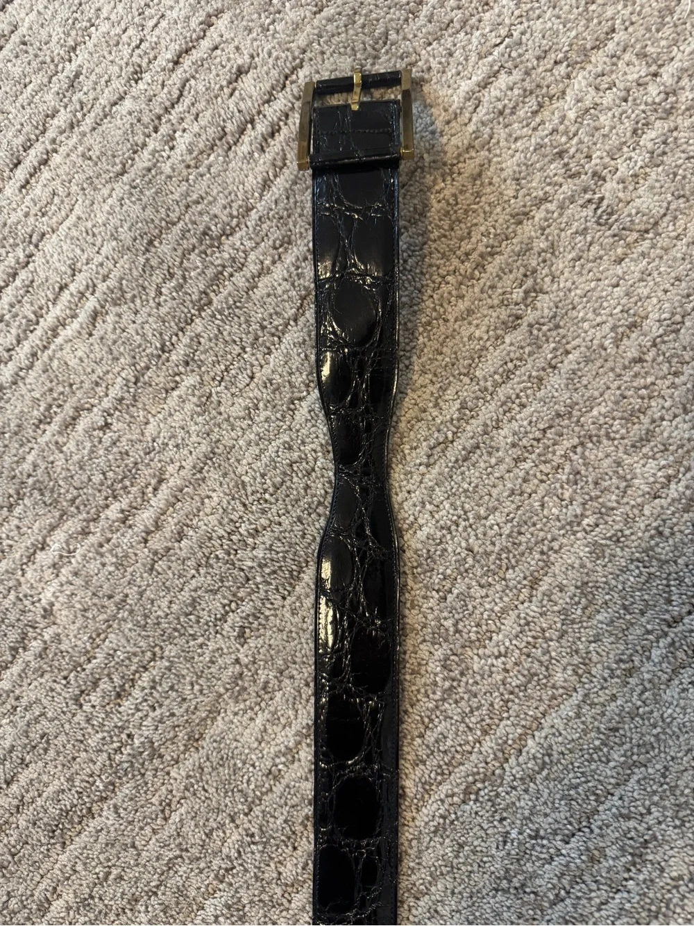 Vintage Black Embossed Leather Alligator Belt with Brass Buckle XS
